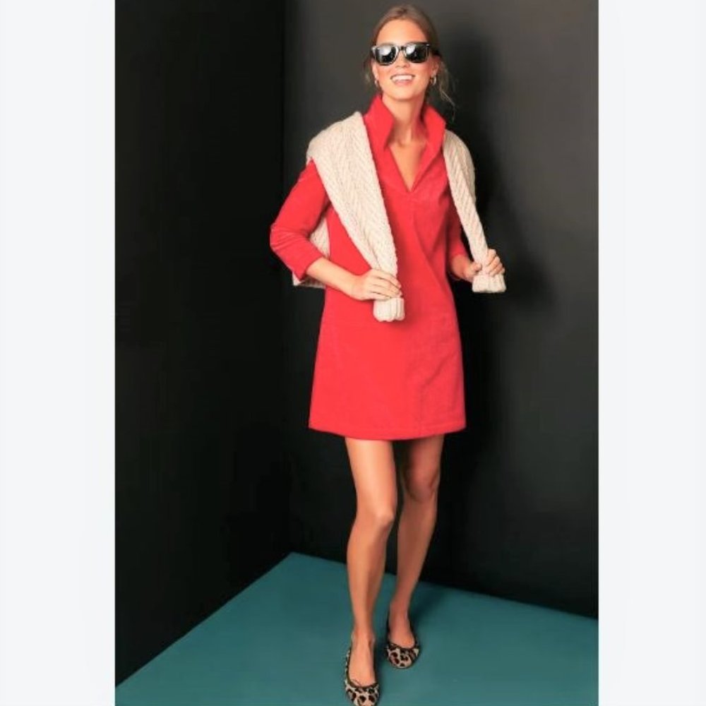 Tuckernuck Clifton Dress, 3/4 Sleeve Stand Collar Micro Corduroy, Medium Pink